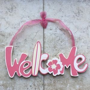 Welcome Pink Surf Board Ribbon Door Wall Hook Sign